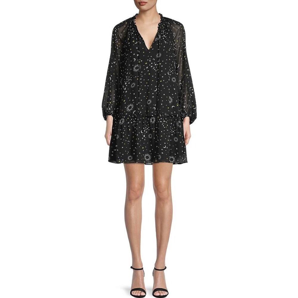 Derek Lam 10 Crosby Sz‎ 2 Juno Trapeze Mini Dress Black Celestial Print Chiffon